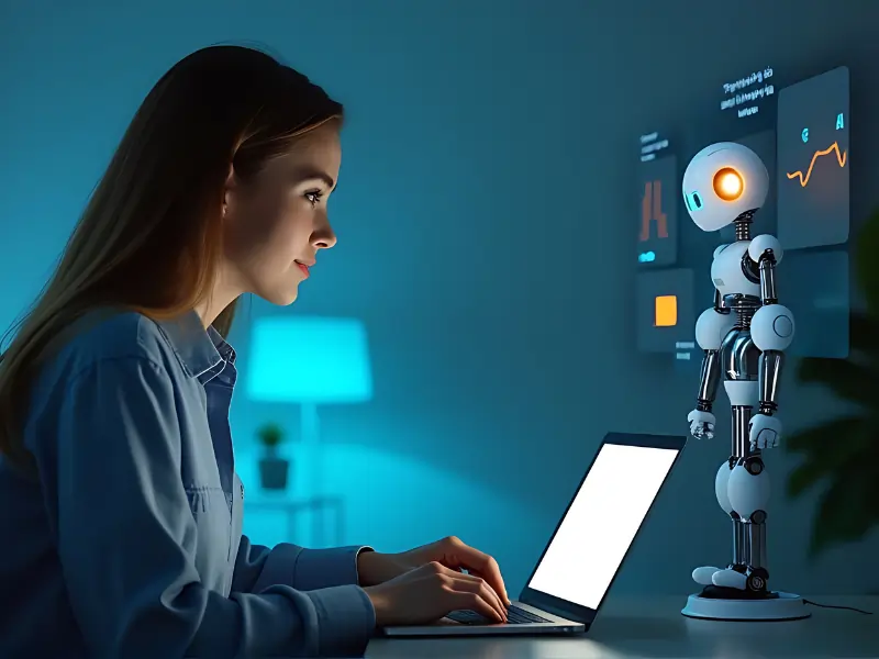 Young professional working on laptop with AI assistant, representing how to start a career in digital marketing.