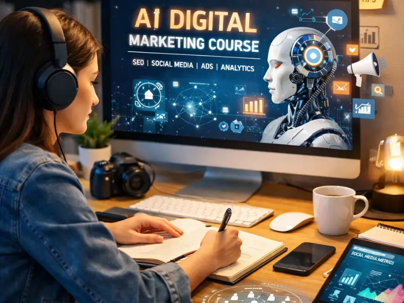 Student learning AI digital marketing course in Cherpulassery with SEO, social media marketing, ads, and analytics training on a computer.