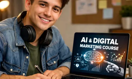 Student studying AI and digital marketing course in Cherpulassery using a laptop showing marketing analytics and AI technology.