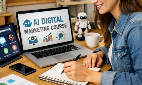 Student learning AI digital marketing course in Cherpulassery using a laptop with SEO, analytics, and marketing tools.