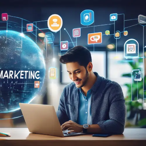 Young professional working on a laptop with digital marketing icons and online communication symbols, representing a career in digital marketing and digital business growth.