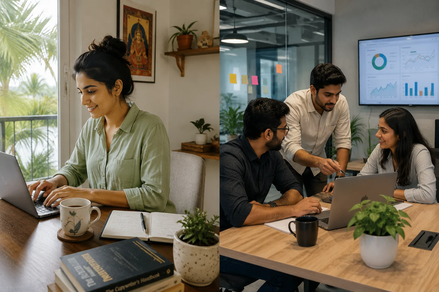 Split comparison of remote and in-office digital marketing jobs in Kerala