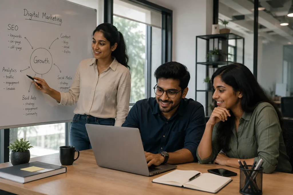 Digital marketing team collaborating in an in-office role in Kerala