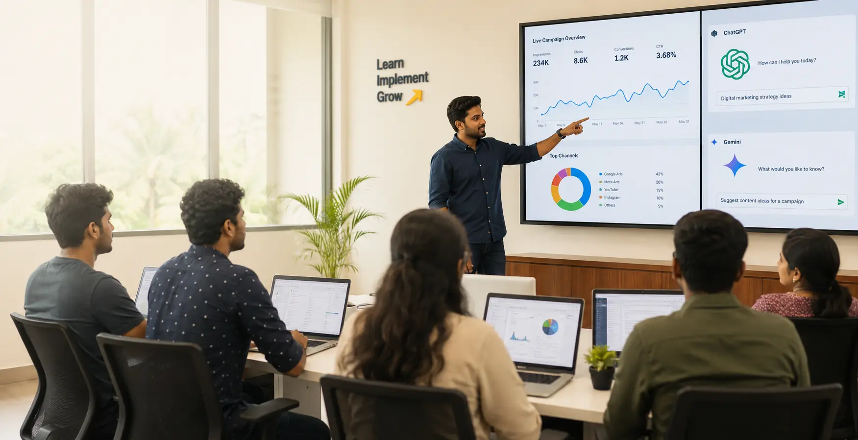 Students learning AI-integrated digital marketing course in a modern classroom in Kerala