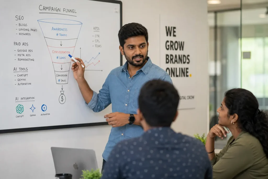 Marketing mentor explaining SEO and AI tools campaign funnel to students