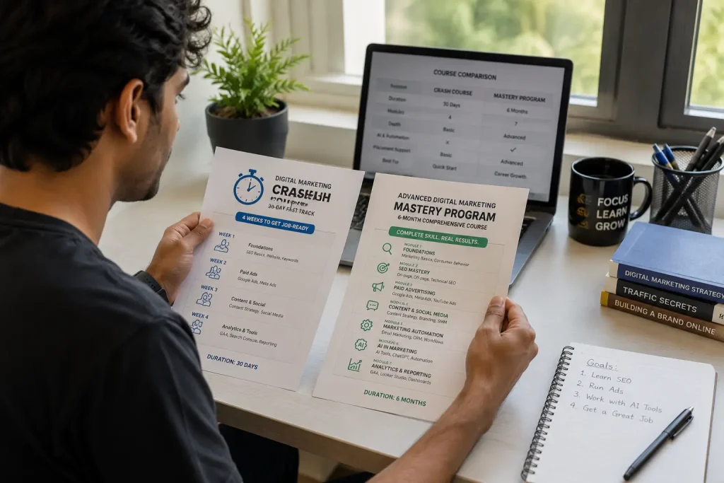 Student comparing digital marketing course options by curriculum depth
