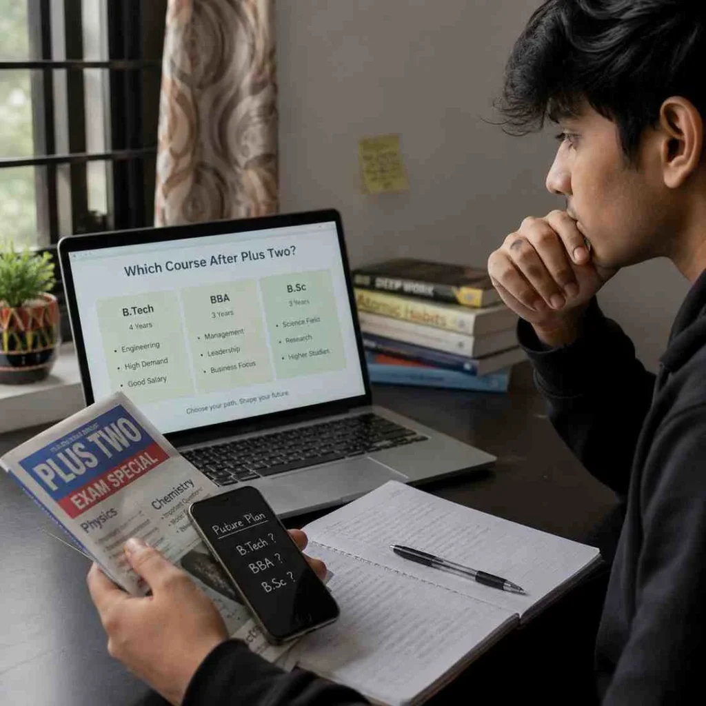 Indian student holding Plus Two exam materials and a smartphone while thoughtfully comparing courses on a laptop at a study desk