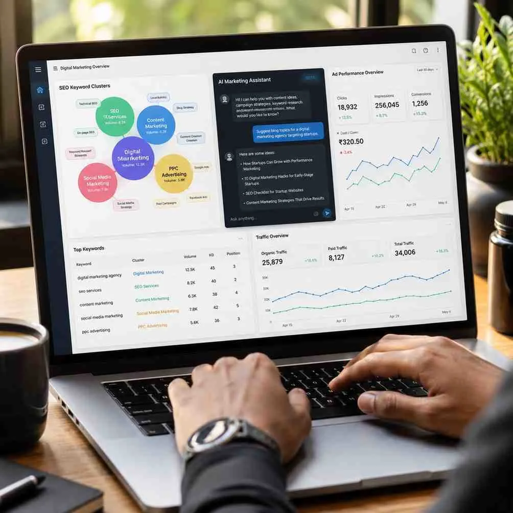 Close-up of hands typing on a laptop displaying SEO keyword clusters, an AI marketing assistant, traffic analytics, and advertising performance graphs beside a coffee cup.