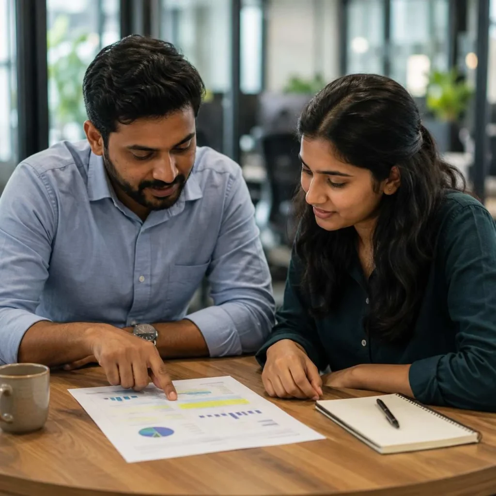 Account manager and marketing intern reviewing a printed performance report together at a meeting table, with the manager pointing to a highlighted section.