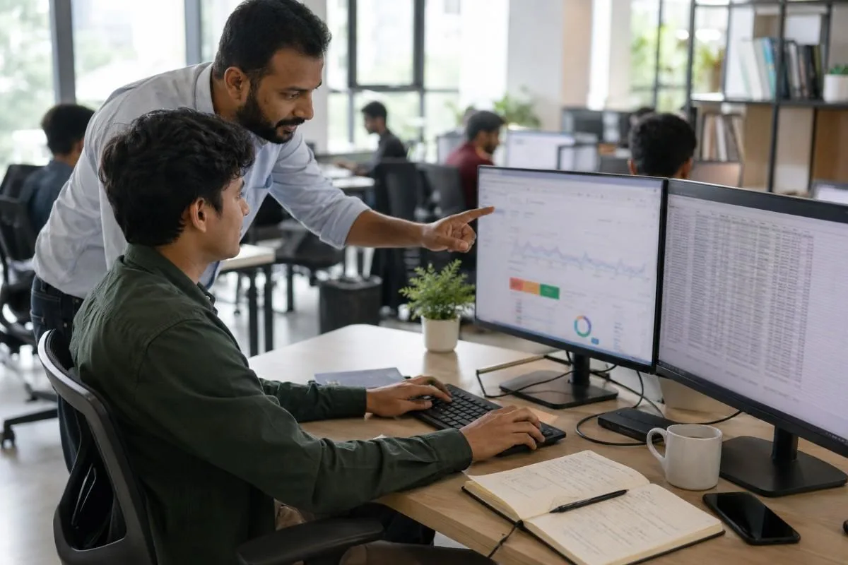 Young marketing intern working at dual monitors while a senior team member points at digital marketing analytics on the screen in a bright modern office.