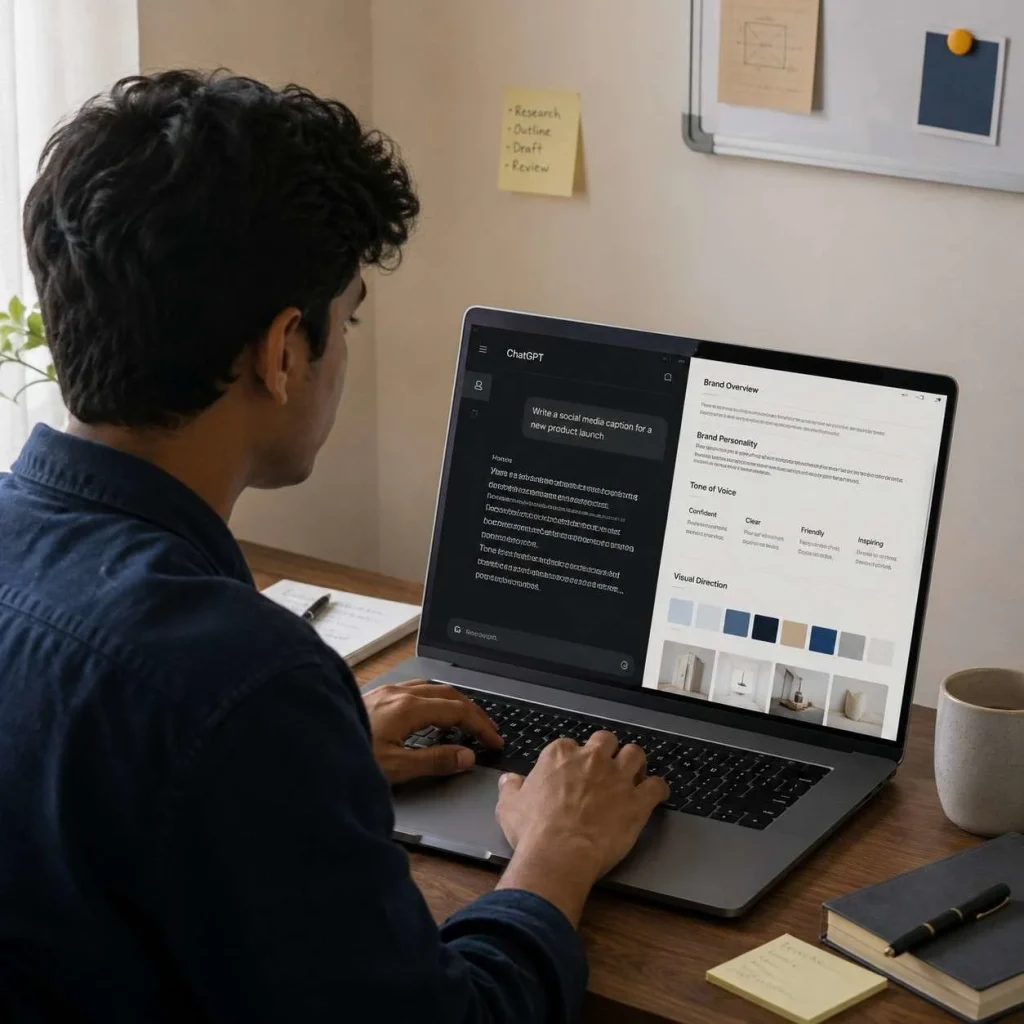 Young marketing intern typing on a laptop while comparing an AI chat interface with a brand style guide document in a softly lit workspace.