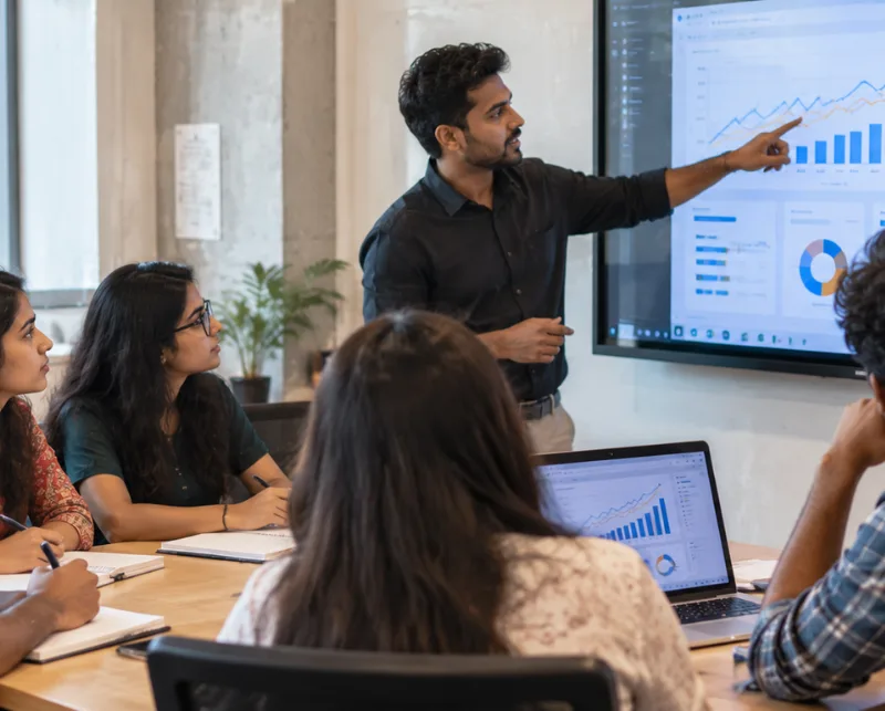 A young professional works on a laptop displaying CRM analytics and a chatbot workflow while a smartphone shows an automated appointment reminder. The image represents practical digital marketing automation skills covered in a diploma in digital marketing.