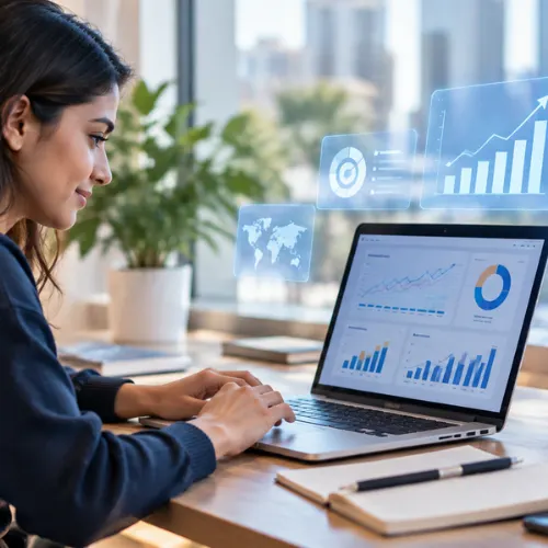Students attending a digital marketing training session with an instructor reviewing campaign analytics as part of a diploma in digital marketing