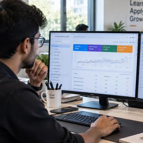 Digital marketing professional analyzing Google Search Console and Analytics dashboards during an SEO optimization course