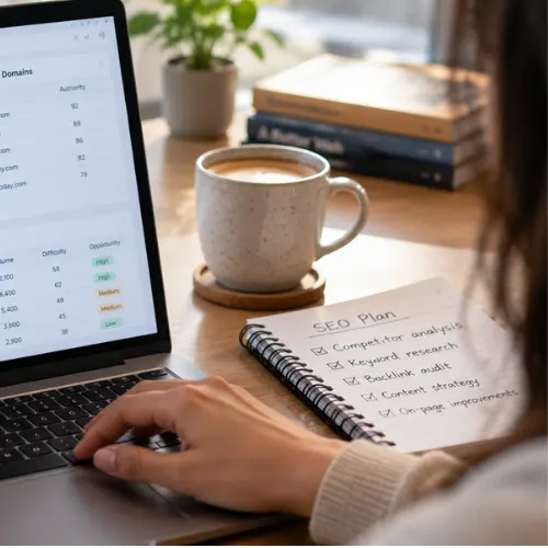 Professional conducting backlink audit and keyword gap analysis as part of an SEO optimization course