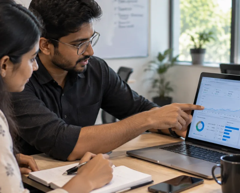 Instructor guiding a student through SEO rankings and traffic reports during an SEO optimization course