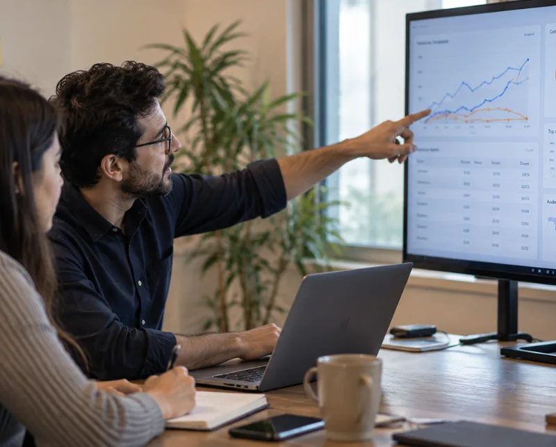 Social media marketing course instructor explaining social media analytics and attribution data to a trainee