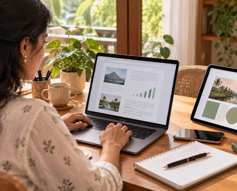 Person writing a case study for a digital marketing portfolio on a laptop
