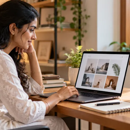 Beginner building a digital marketing portfolio on a laptop at a home desk